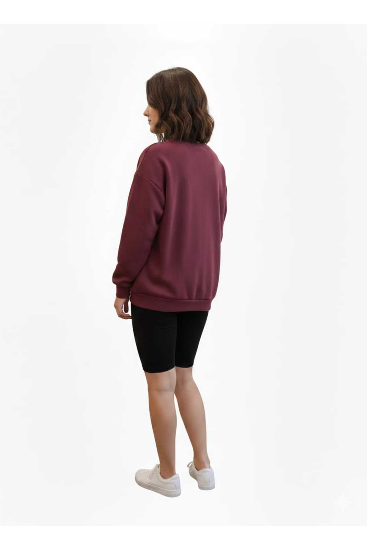 Kadın Oversize Baskılı Rahat Kalıp Sweatshirt - Bordo