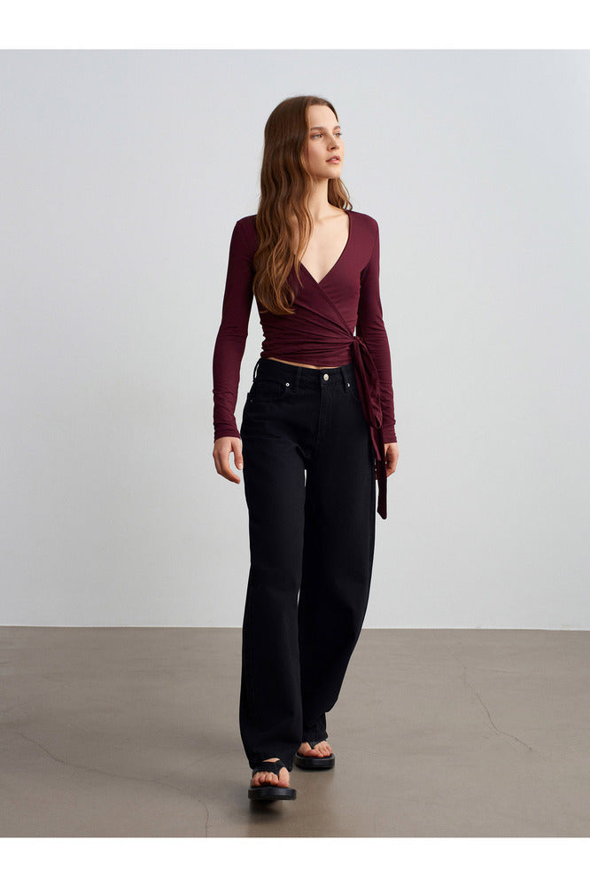 32645 Uzun Kollu Kruvaze Top-Bordo