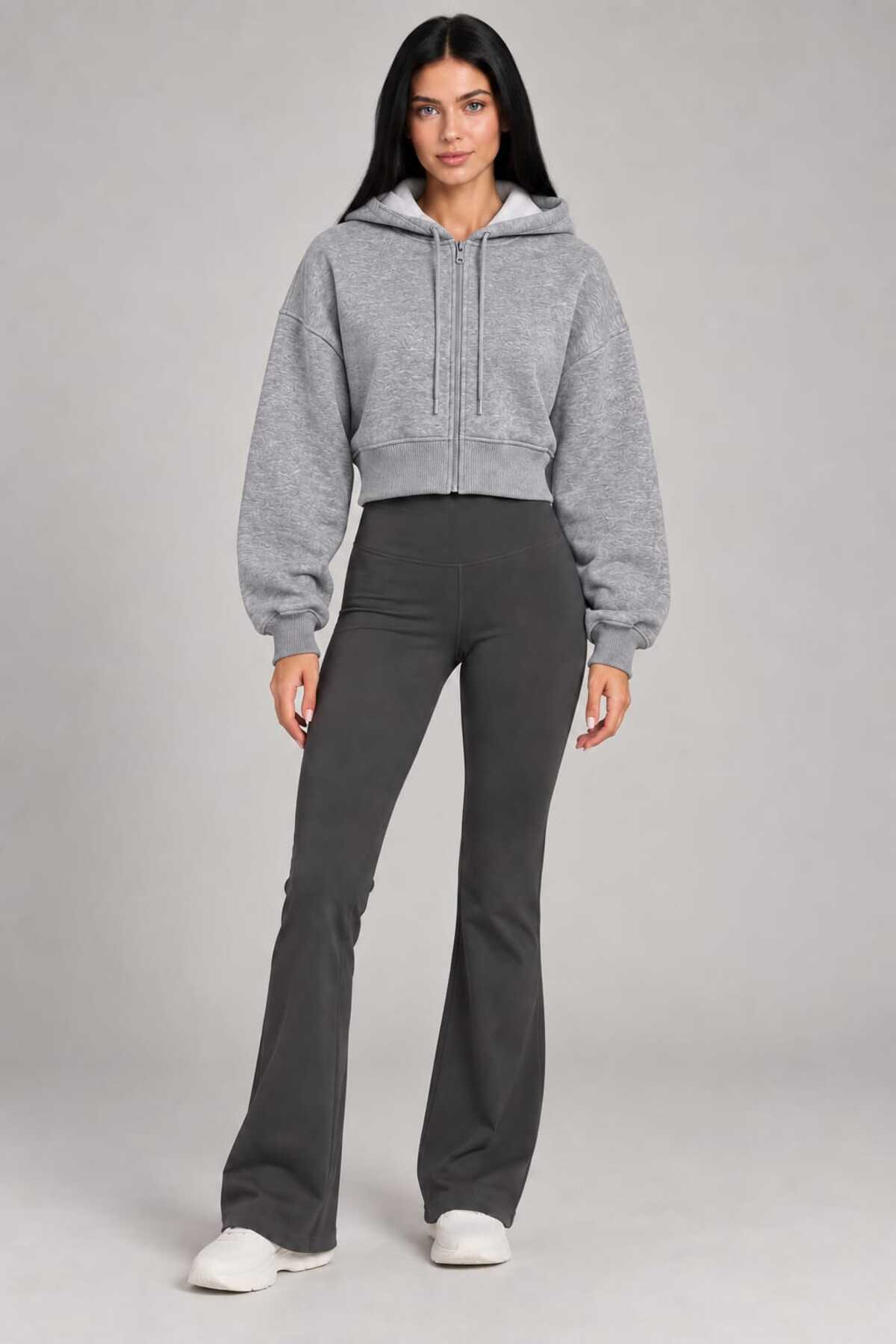 Kadın 3 iplik kapişon detaylı krop fermuarlı sweatshirt 1234