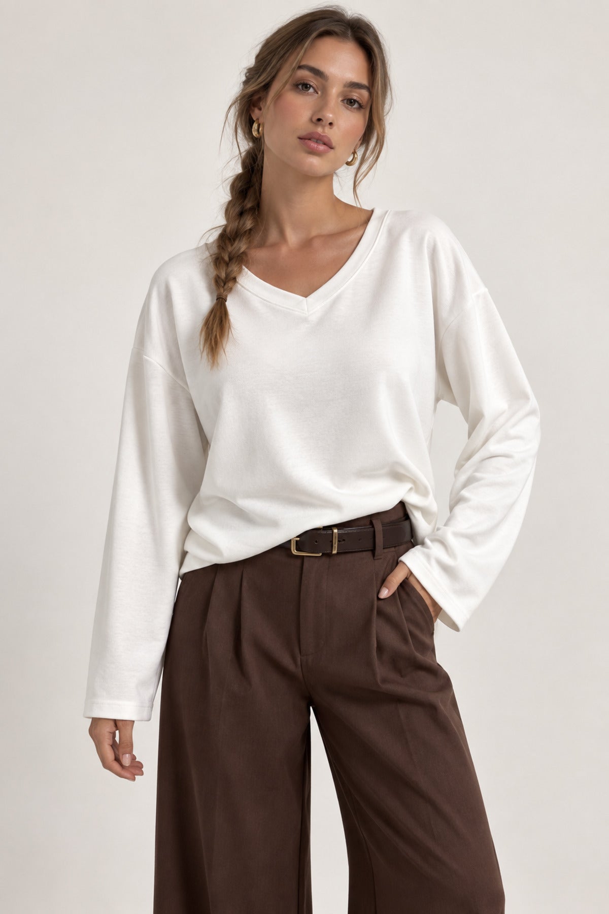 11017 Kadın V Yaka Geniş Kol Penye Sweatshirt - Beyaz