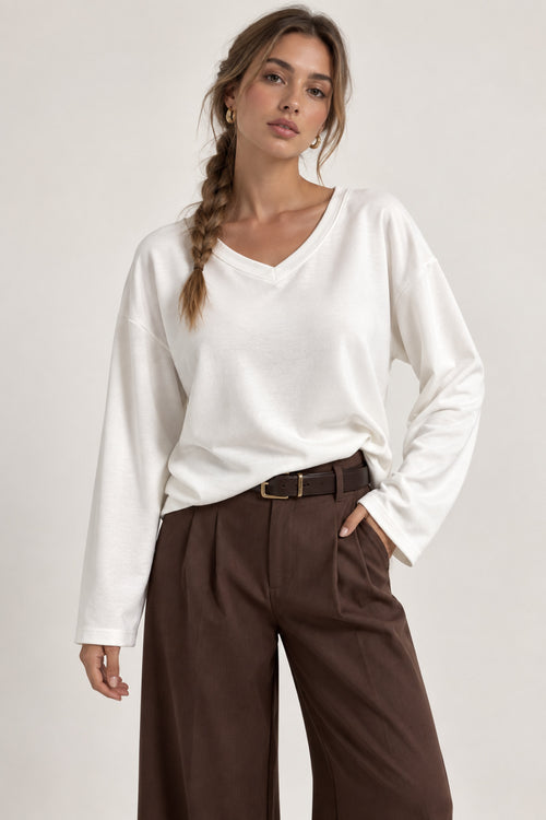 11017 Kadın V Yaka Geniş Kol Penye Sweatshirt - Beyaz