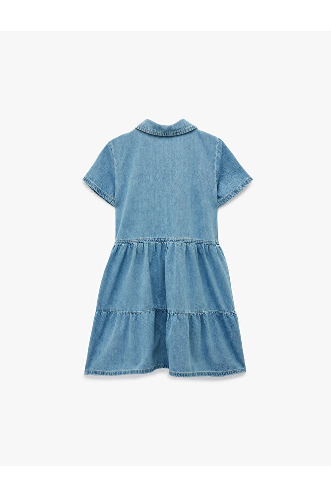 Pamuklu Düğmeli Kısa Kollu Gömlek Yaka Denim Elbise