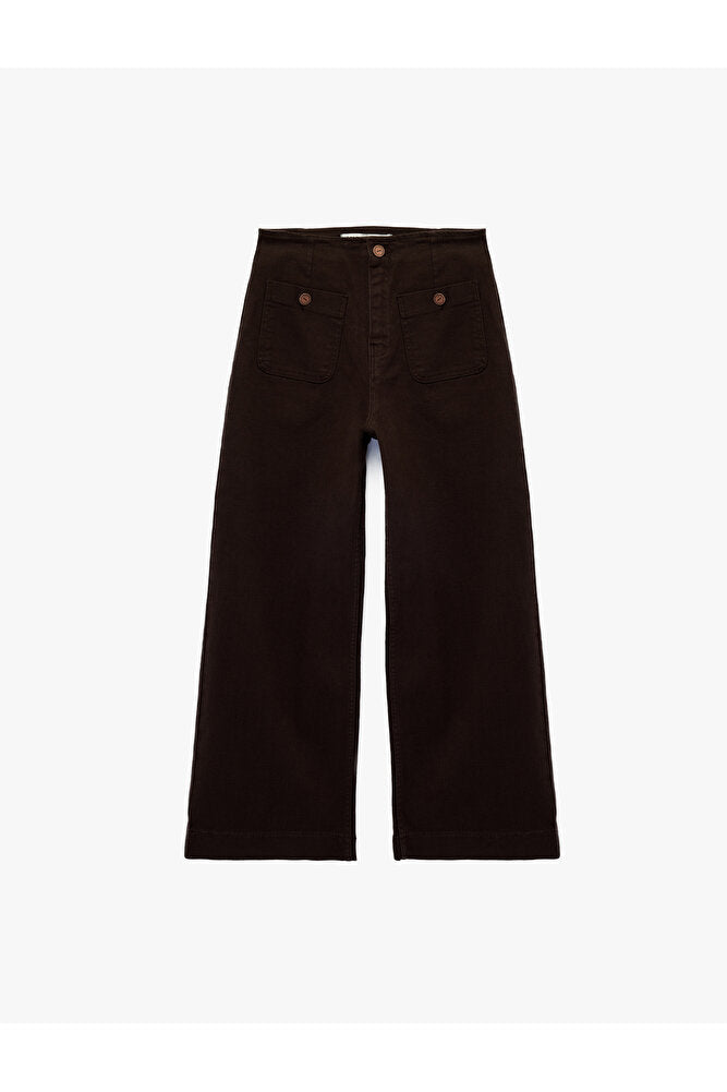 Yüksek Bel Cep Detaylı Düğmeli Geniş Paça Pantolon - Culotte Jeans