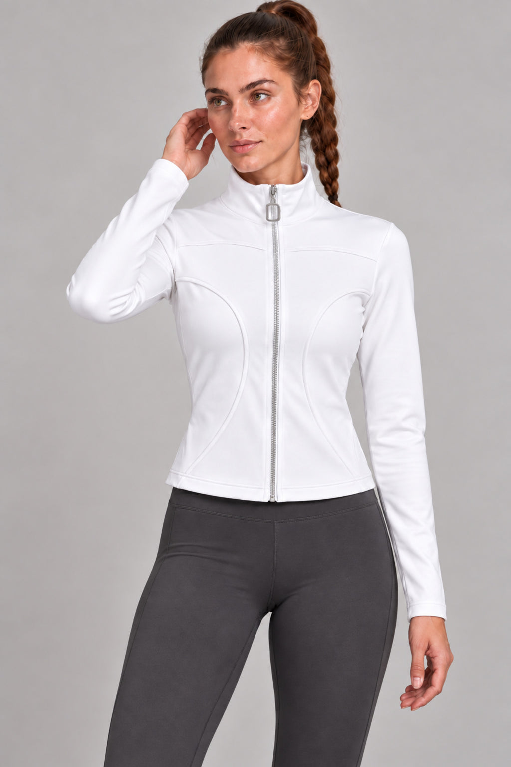 11040 Kadın Bel Oturtmalı Fermuarlı Slim Fit Badi - Beyaz