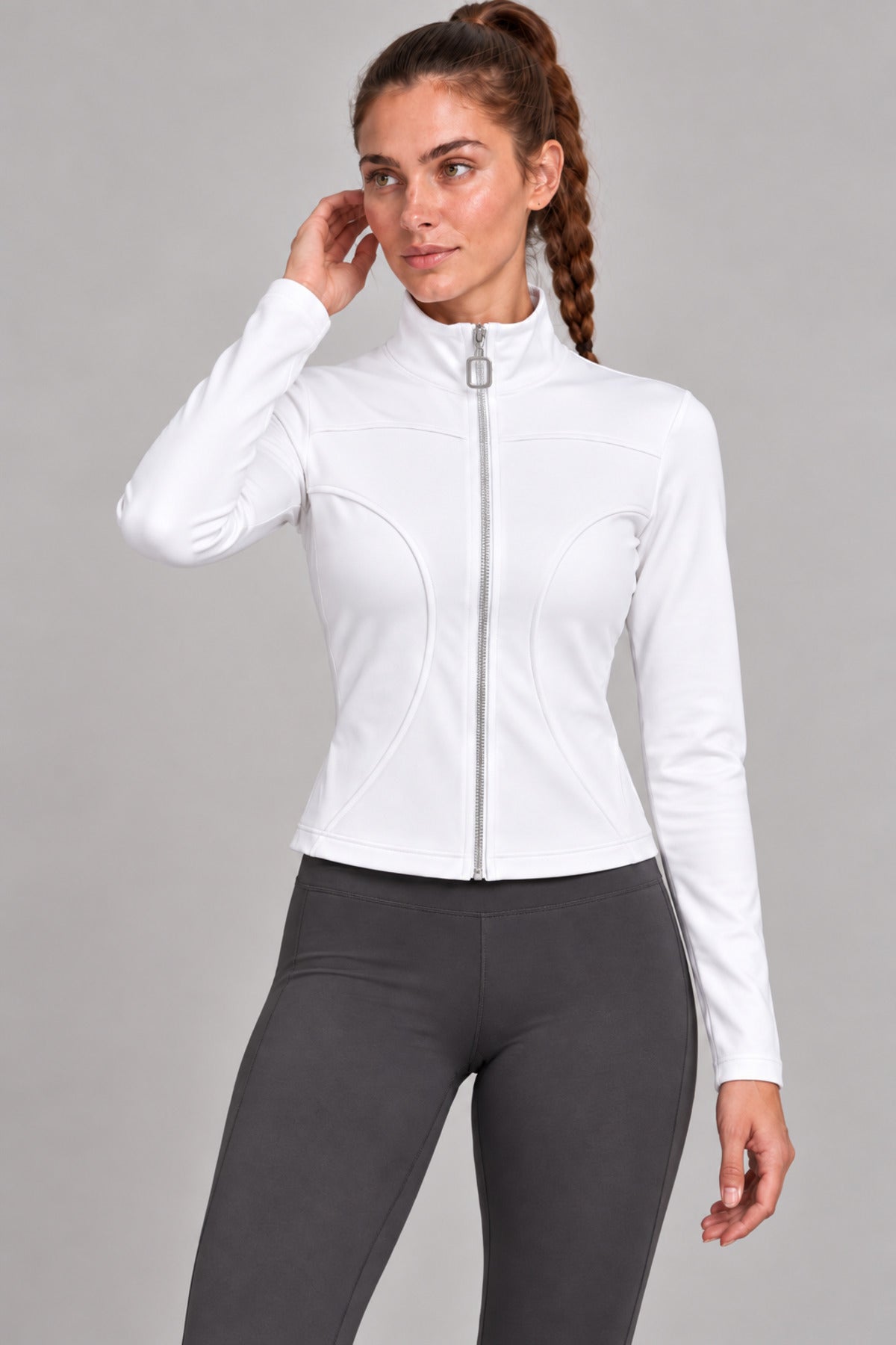11040 Kadın Bel Oturtmalı Fermuarlı Slim Fit Badi - Beyaz