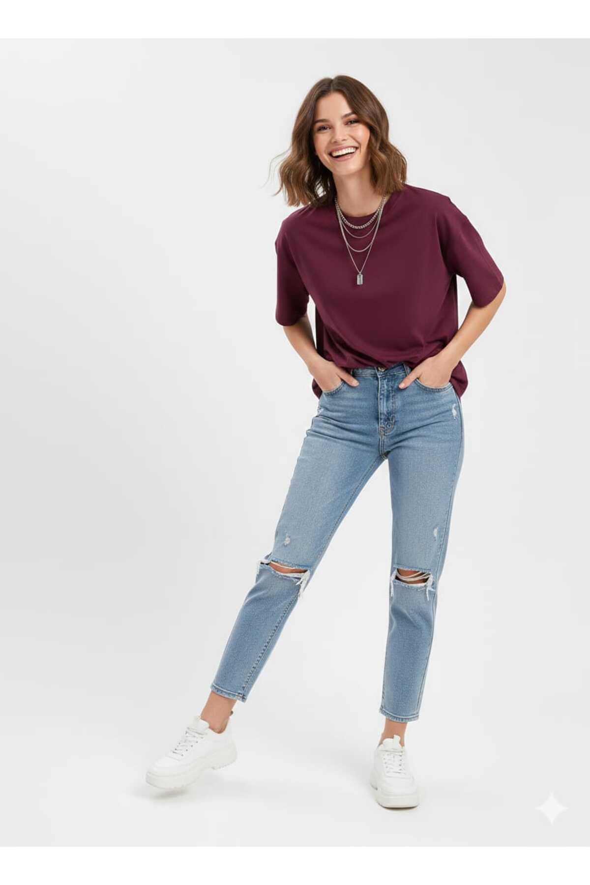 Kadın Kahverengi Bisiklet Yaka Basic Oversize T-Shirt - Bordo