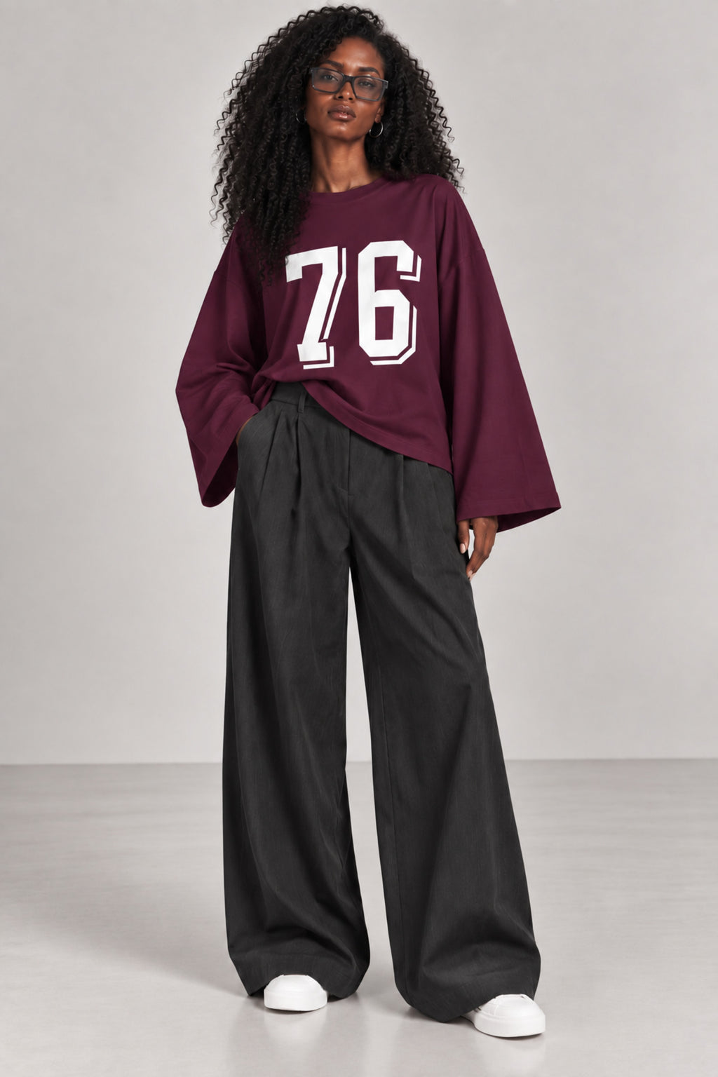 11020 Kadın Ön Baskı Detaylı Geniş Kol Penye Sweatshirt - Mürdüm