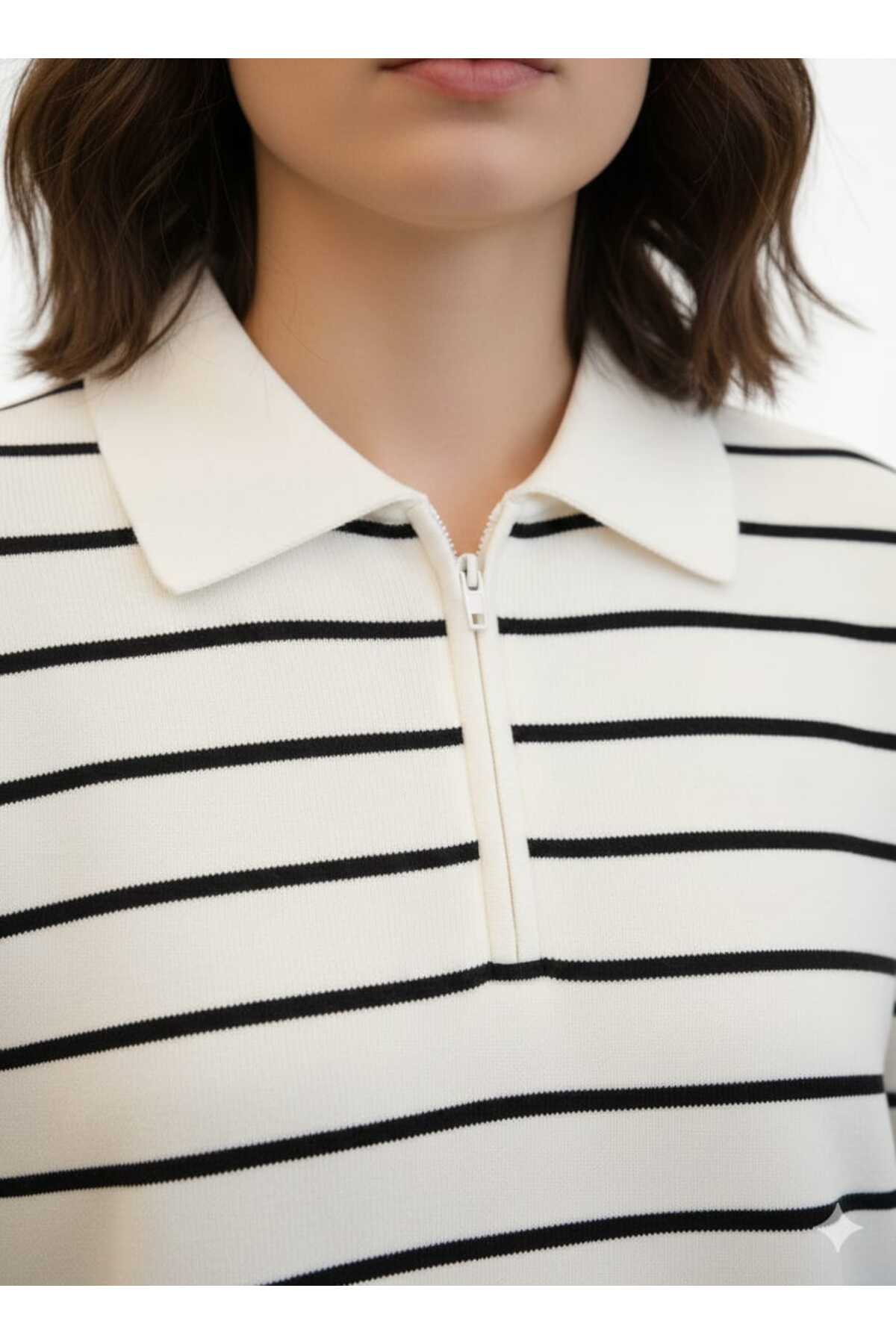 Kadın Polo Yaka Fermuarlı Siyah İnce Çizgili Oversize Sweatshirt Yumuşak Dokulu Rahat Kalıp - Beyaz