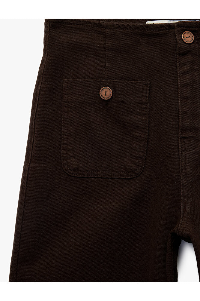 Yüksek Bel Cep Detaylı Düğmeli Geniş Paça Pantolon - Culotte Jeans
