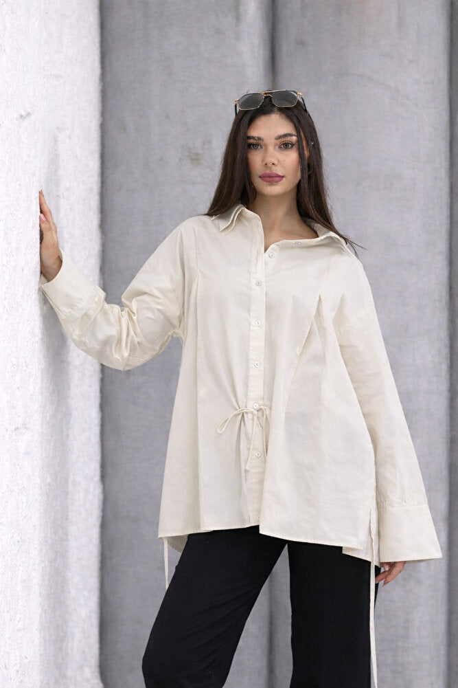 10931 Kadın %100 Pamuk Bel ip Bağlamalı Oversize Kalıp Tunik Gömlek