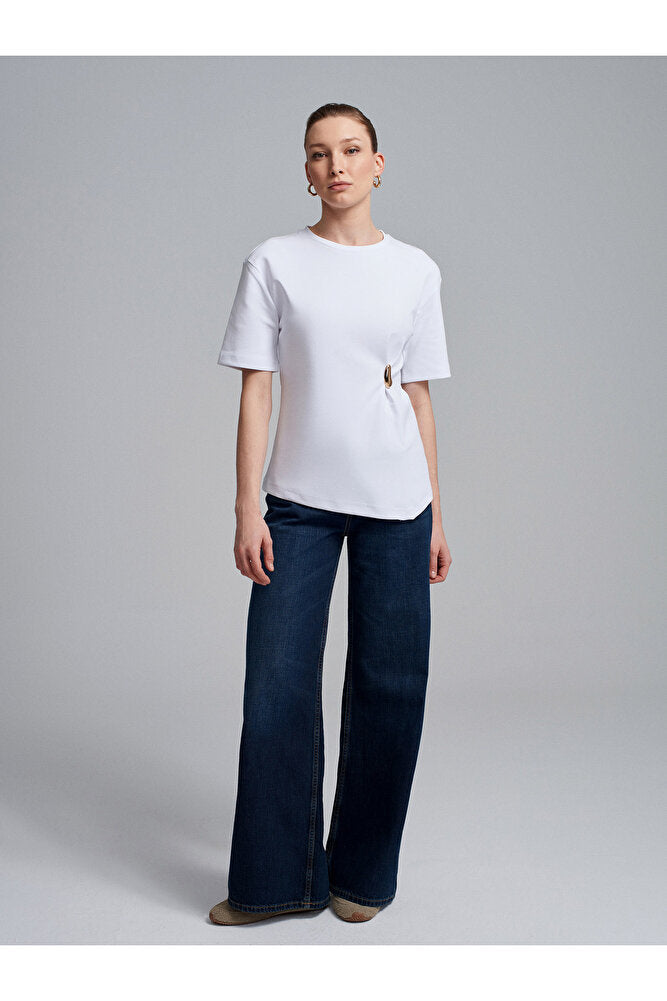 32445 Aksesuar Detaylı Basic T-Shirt-Koyu Kahve