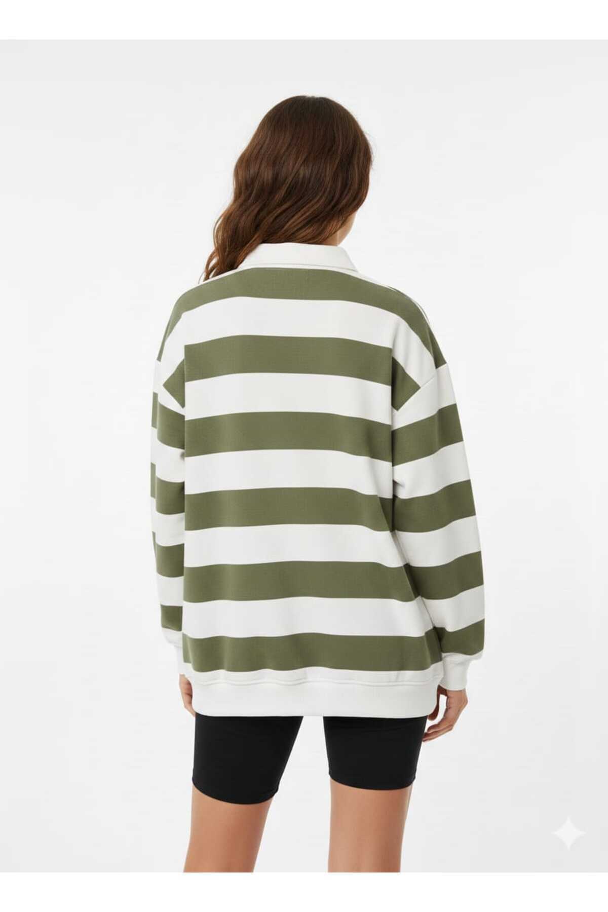 Kadın Polo Yaka Fermuarlı Yeşil Kalın Çizgili Oversize Sweatshirt Yumuşak Dokulu Rahat Kalıp - Yeşil