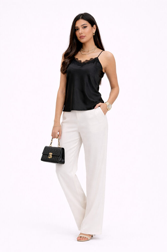 10932 Kadın İp Askılı Yaka Dantel Detaylı Saten Bluz