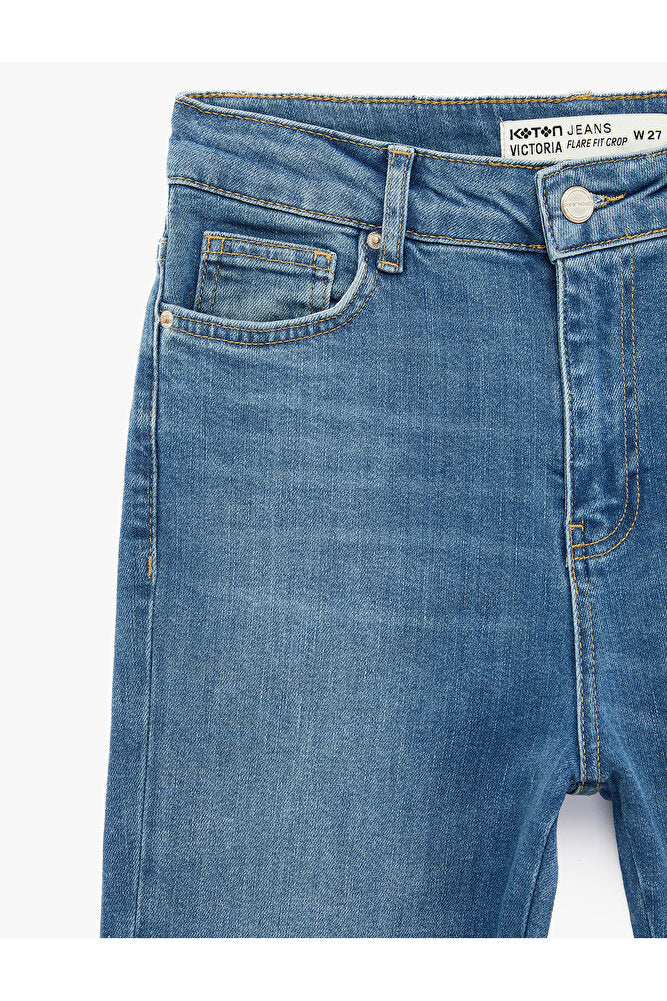 Normal Bel Dar Kesim Düğmeli Pamuklu İspanyol Paça Denim Pantolon - Flare Jeans