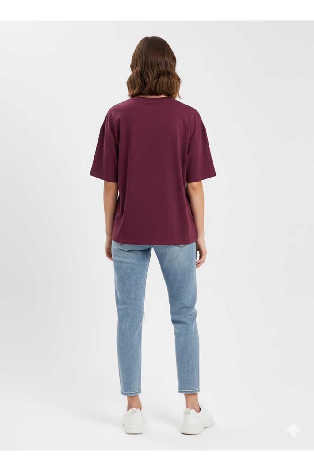 Kadın Kahverengi Bisiklet Yaka Basic Oversize T-Shirt - Bordo