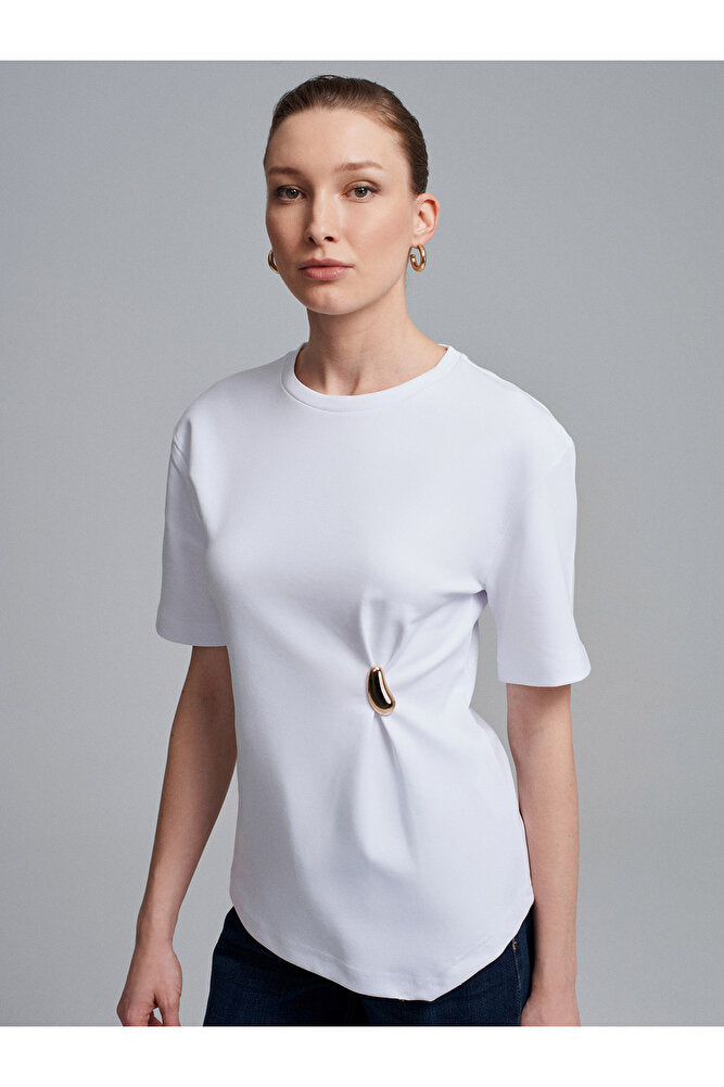 32445 Aksesuar Detaylı Basic T-Shirt-Koyu Kahve