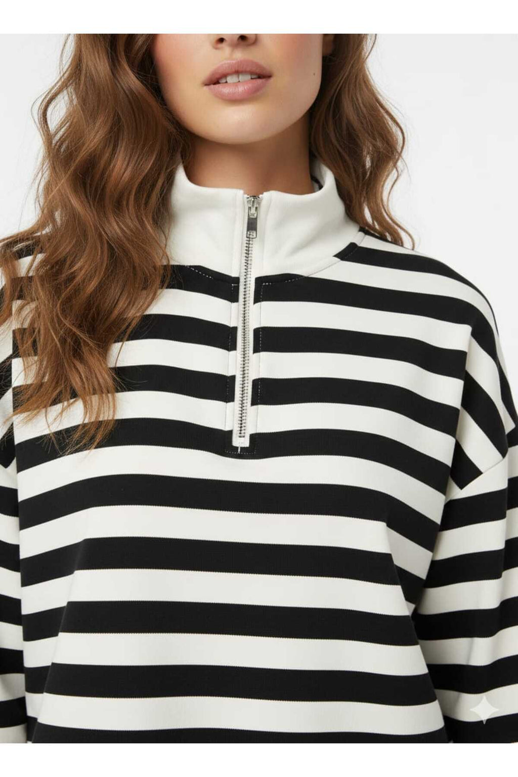 Kadın Polo Yaka Fermuarlı Siyah Beyaz Çizgili Oversize Sweatshirt Yumuşak Dokulu Rahat Kalıp - Siyah