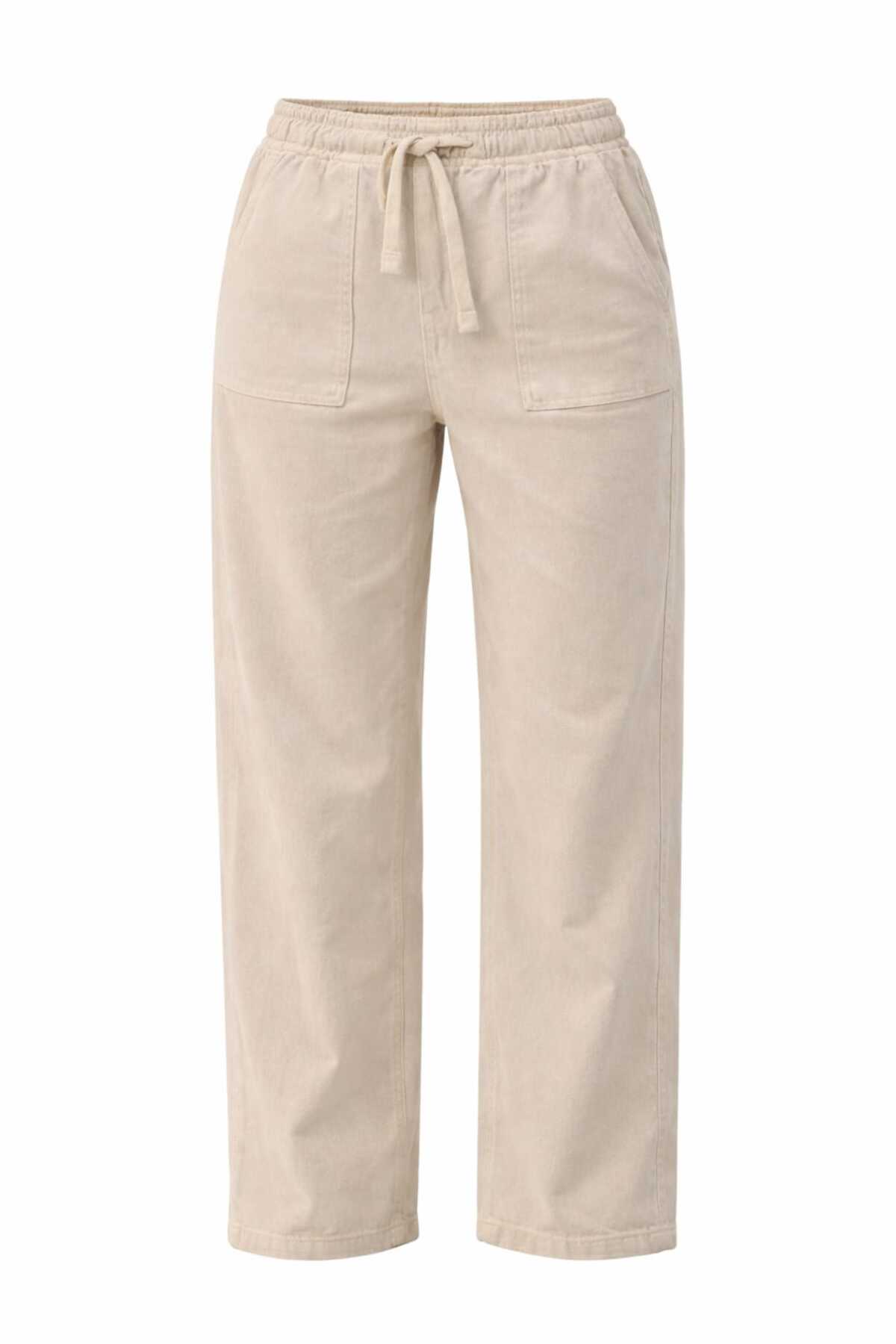 10986 Kadın Oversize Kalıp Bel Lastikli Çift Cep Kot Pantolon - Bej