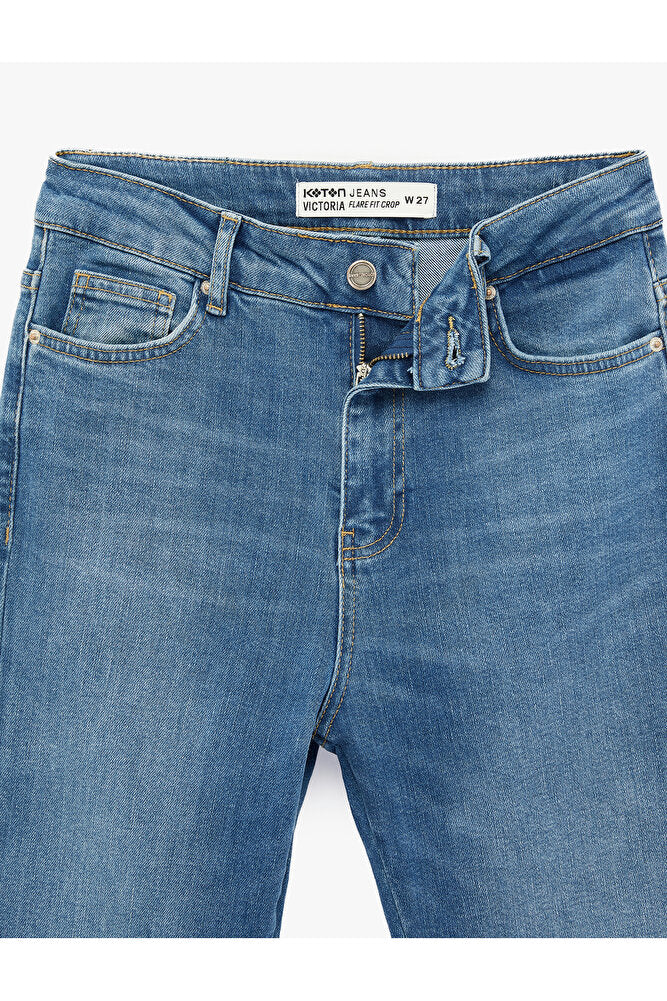 Normal Bel Dar Kesim Düğmeli Pamuklu İspanyol Paça Denim Pantolon - Flare Jeans