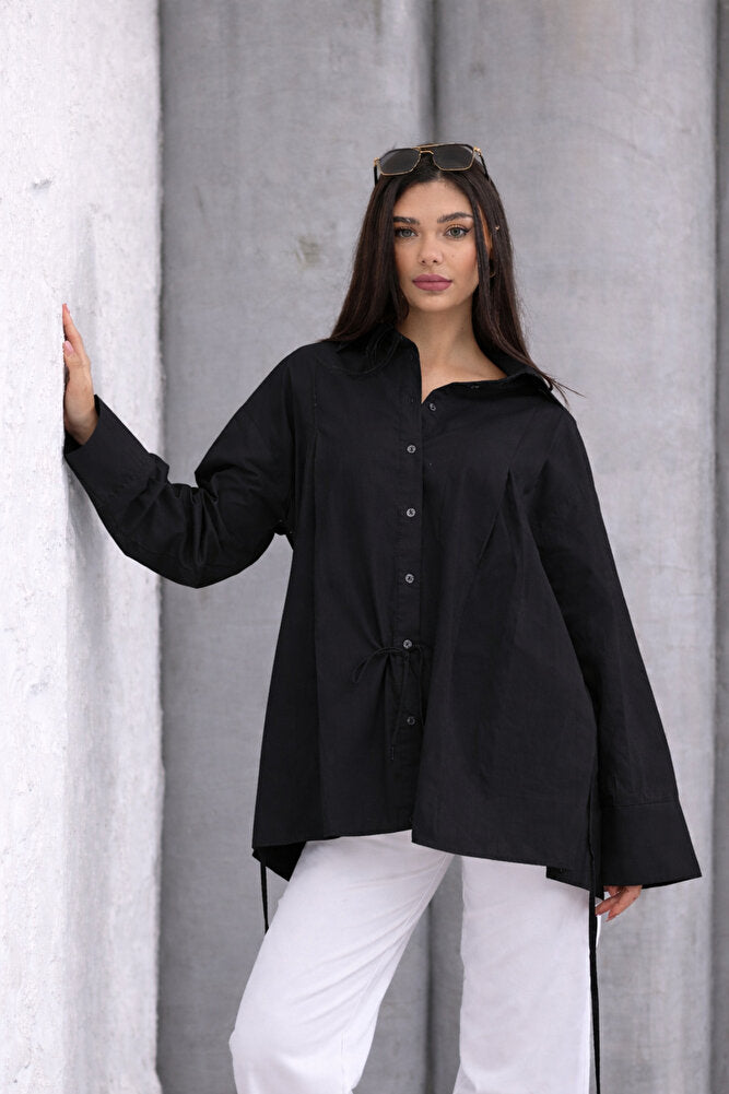 10931 Kadın %100 Pamuk Bel ip Bağlamalı Oversize Kalıp Tunik Gömlek