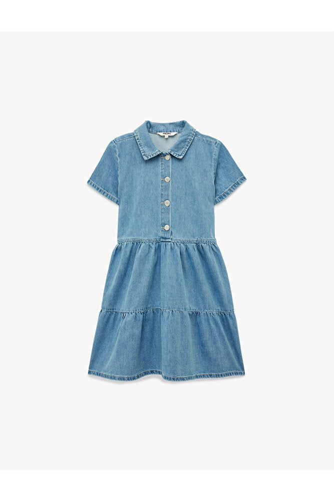 Pamuklu Düğmeli Kısa Kollu Gömlek Yaka Denim Elbise