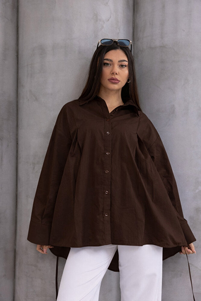 10931 Kadın %100 Pamuk Bel ip Bağlamalı Oversize Kalıp Tunik Gömlek