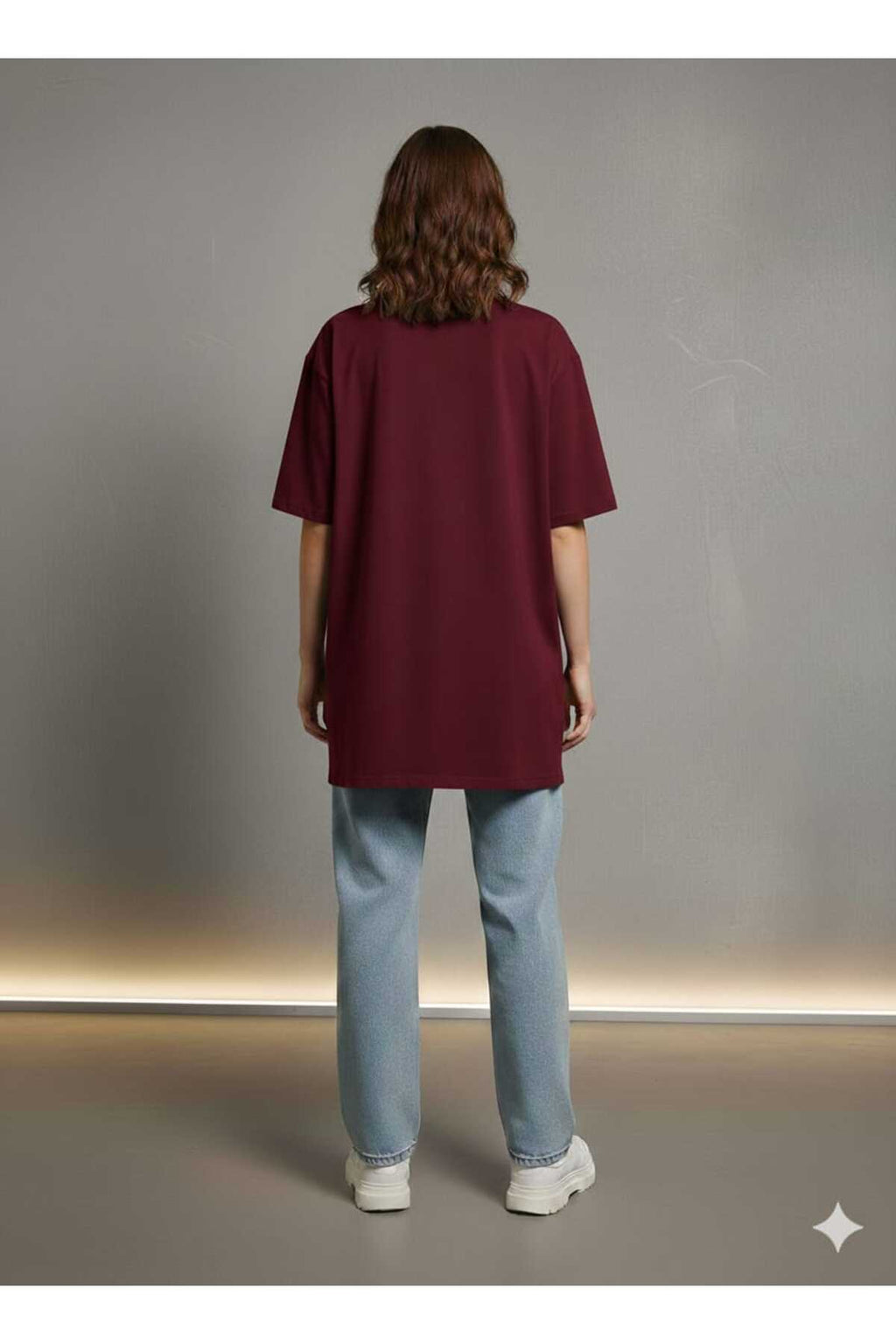 Kadın Oversize Basic Bisiklet Yaka Yan Yırtmaçlı Kısa Kollu Tişört - Bordo