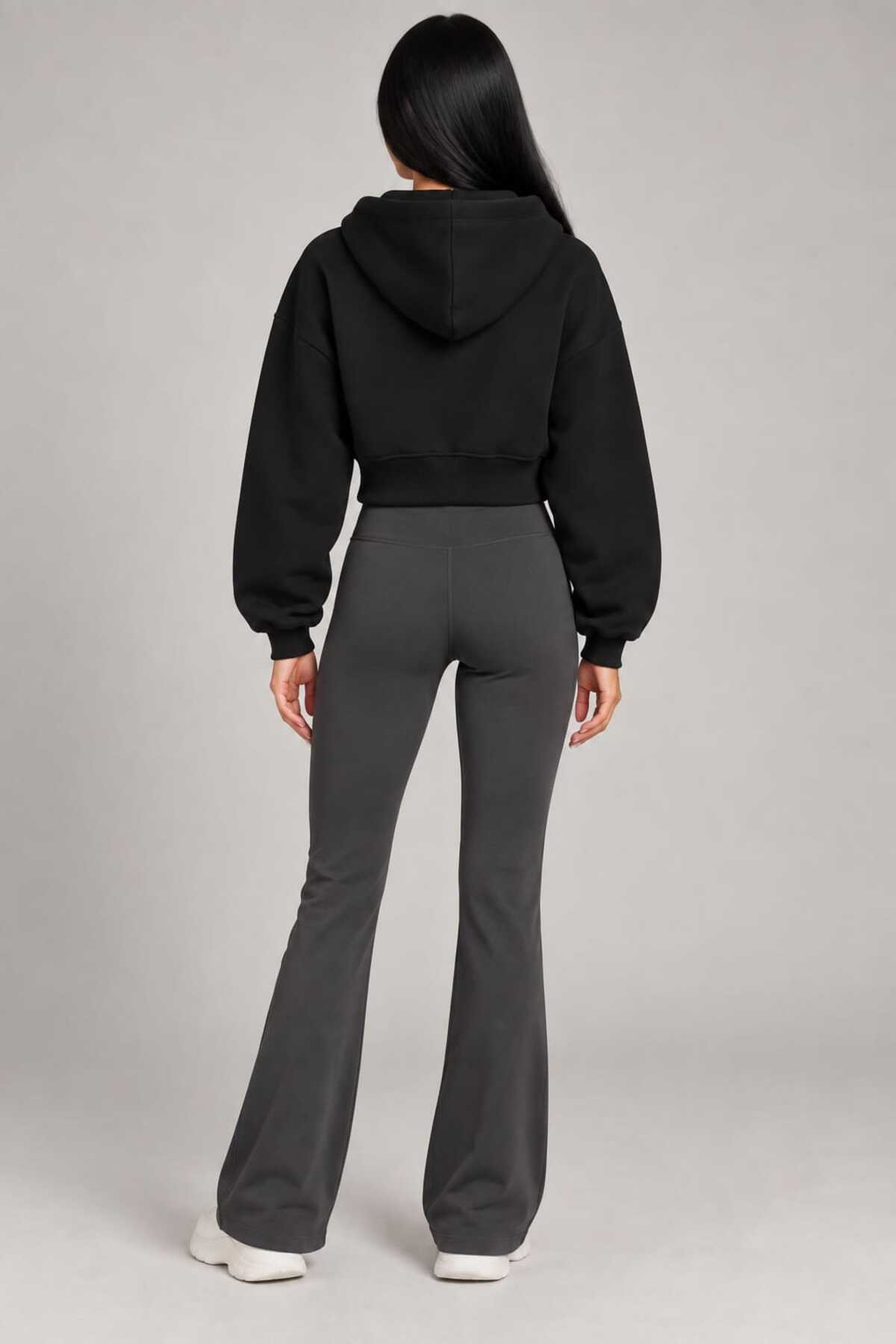 Kadın 3 iplik kapişon detaylı krop fermuarlı sweatshirt 1234