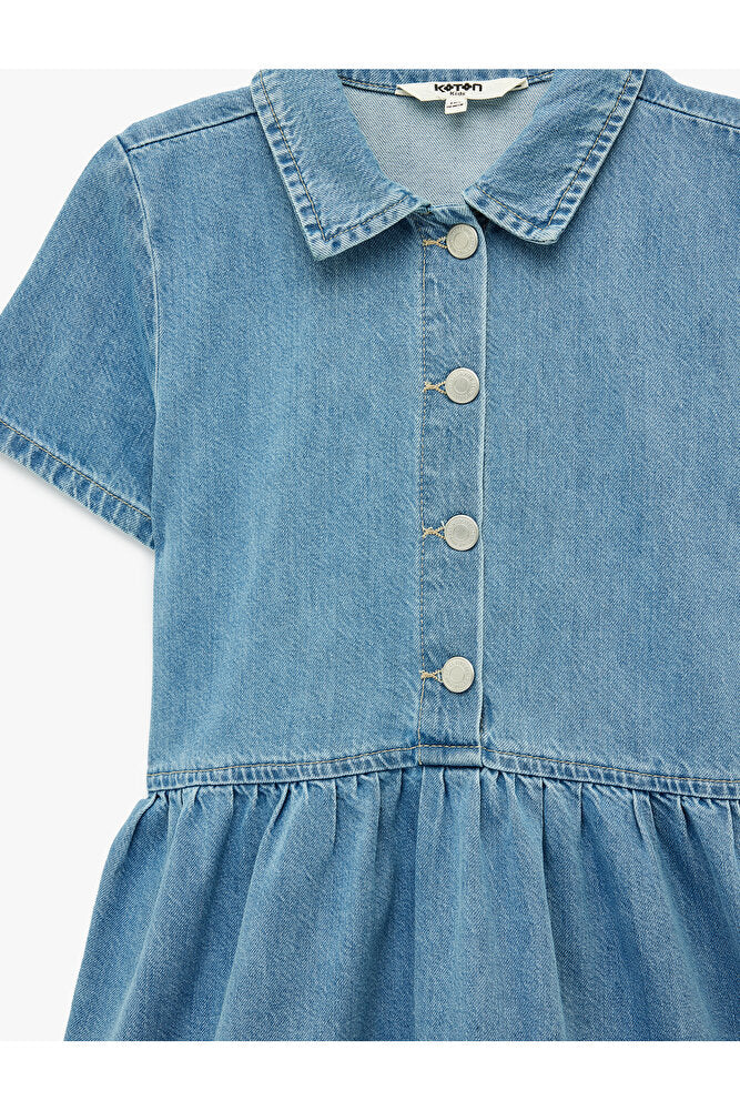 Pamuklu Düğmeli Kısa Kollu Gömlek Yaka Denim Elbise